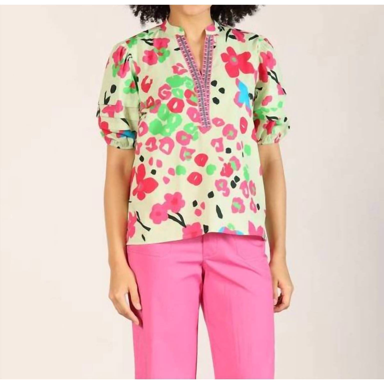 New Maude Vivante Raya Puff Sleeve Top In Pink Tropics Print